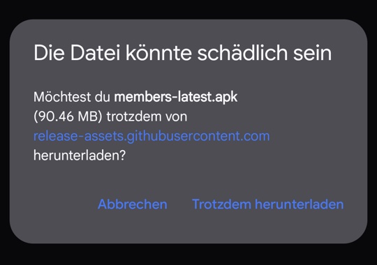 Chrome fragt: Die Datei könnte schädlich sein – mit den Knöpfen Abbrechen und Trotzdem herunterladen