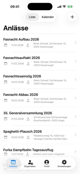 Die Anlass-Liste der App