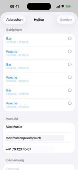 Schichtauswahl beim Anmelden