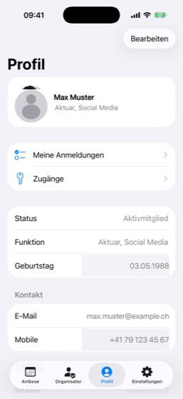 Das Profil nach dem Anmelden