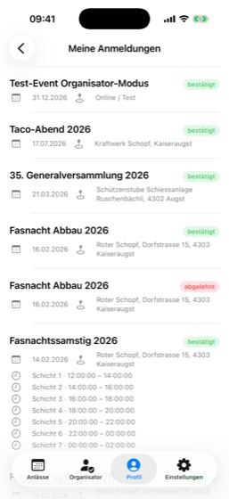 Liste der eigenen Anmeldungen