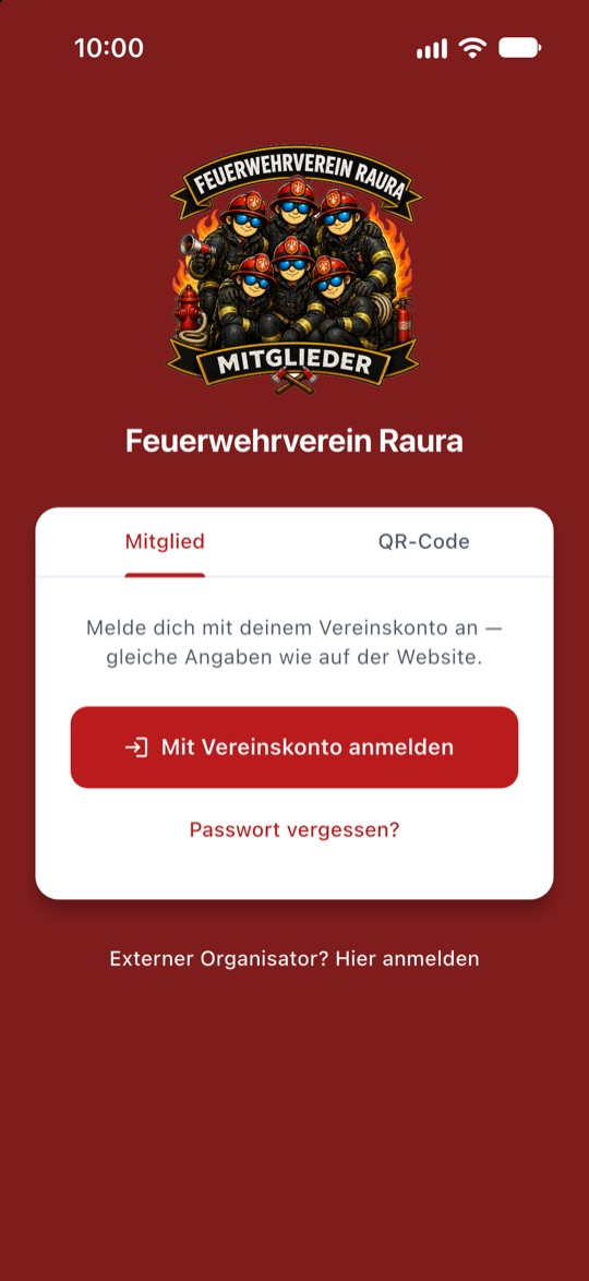 Anmeldebildschirm mit den Reitern Mitglied und QR-Code