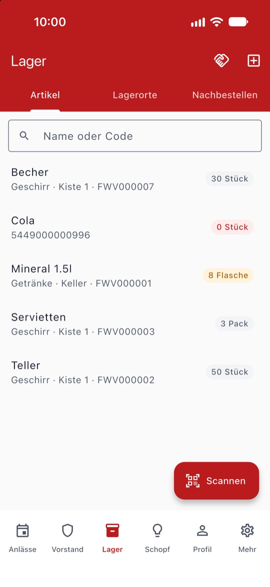 Lager mit Artikelliste und Knopf Scannen