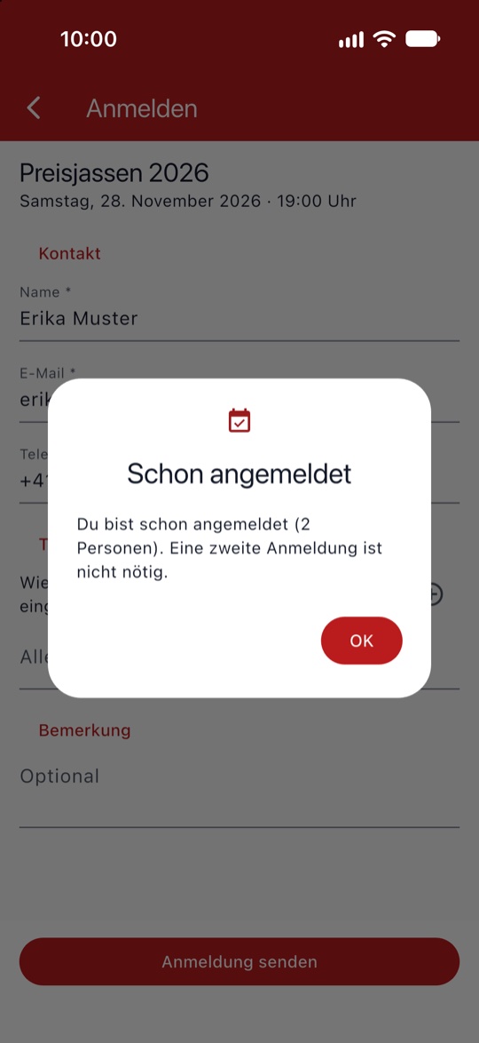 Hinweis Schon angemeldet mit der Zahl der Personen