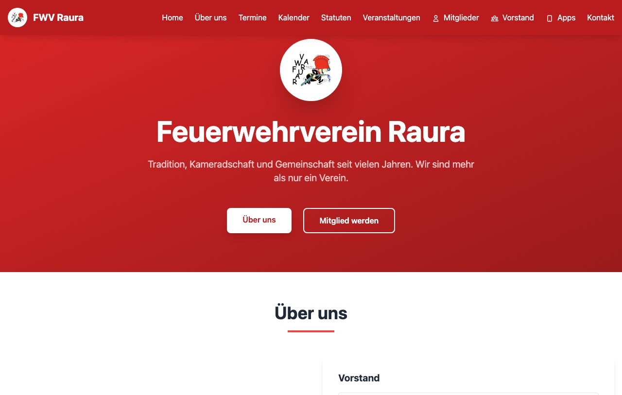 Die Startseite mit Vereinslogo und Navigation