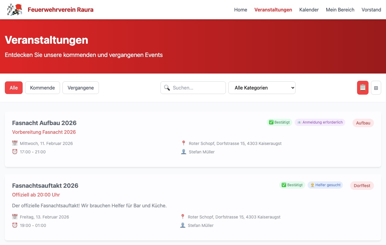 Liste der Veranstaltungen mit Filtern und Merkern