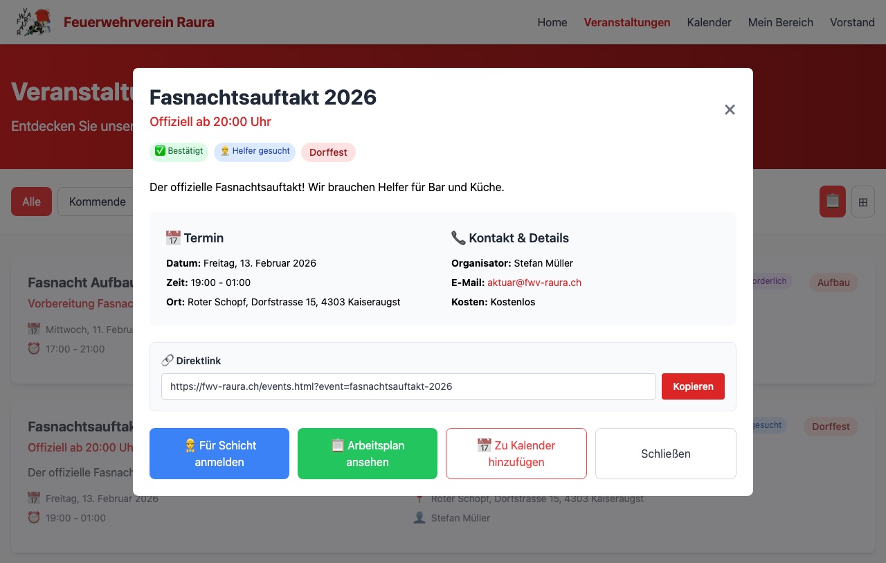 Detailfenster eines Anlasses mit Direktlink