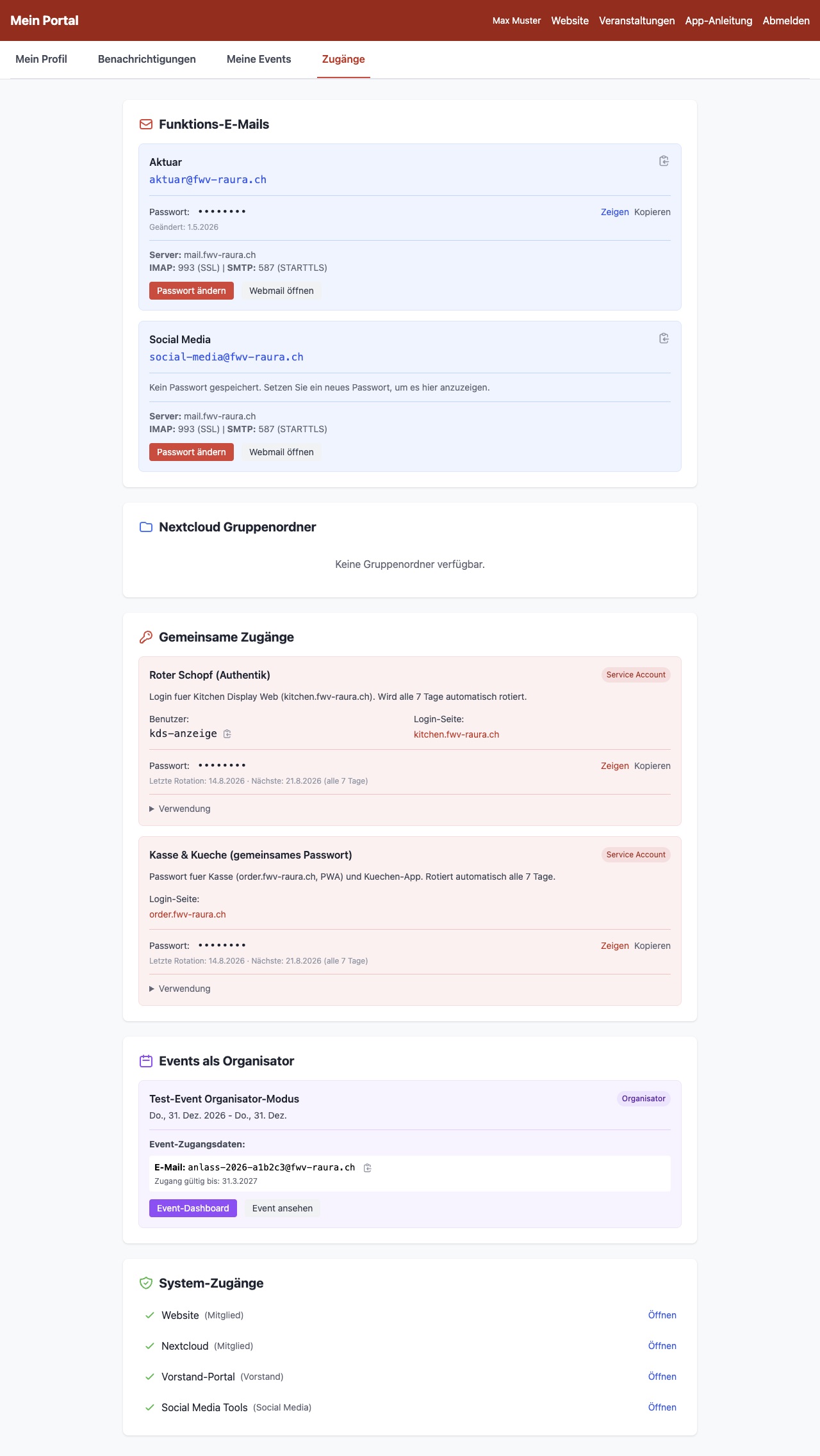 Reiter Zugänge mit Funktions-E-Mails und gemeinsamen Logins