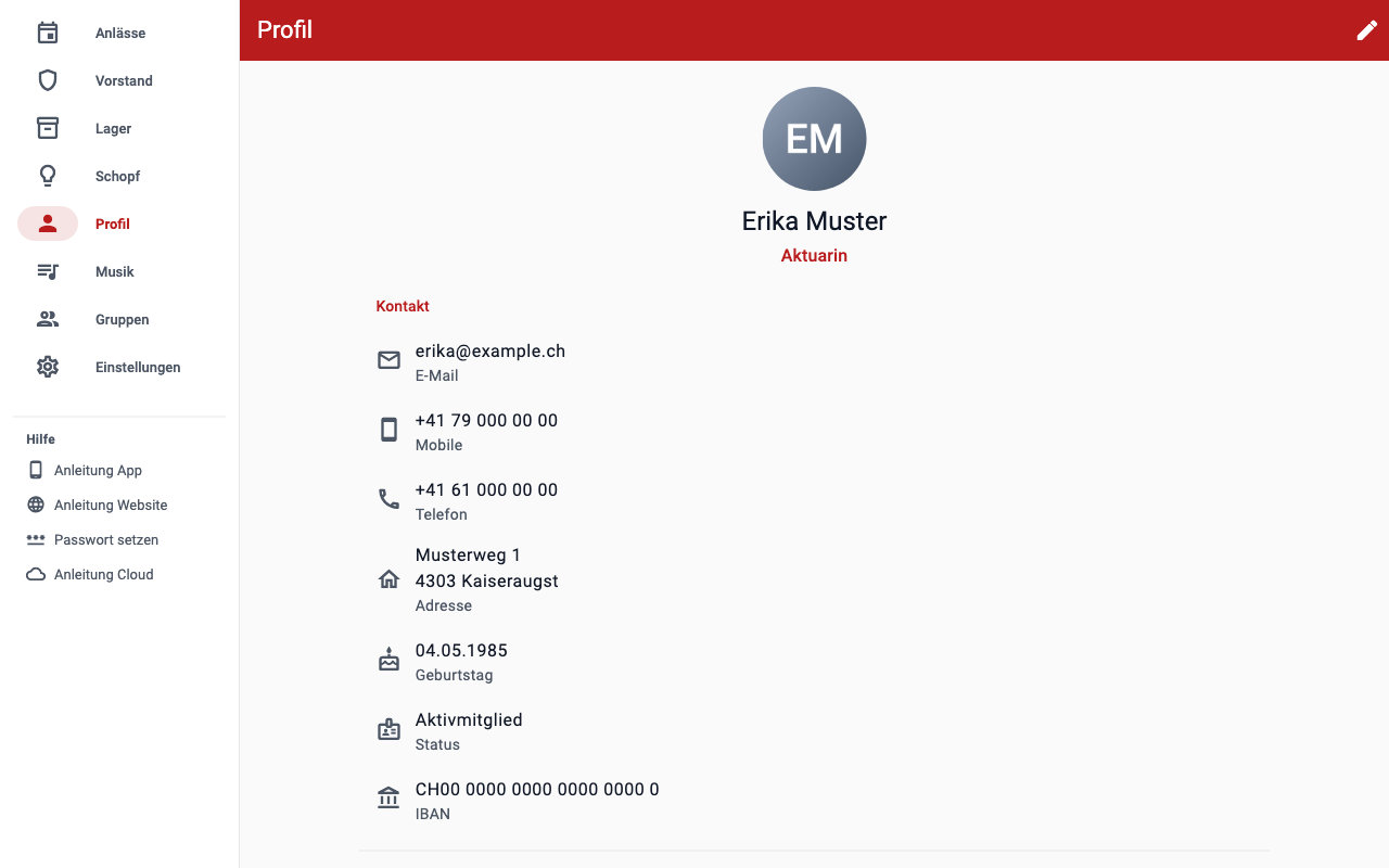 Profil in Mein Bereich mit Kontaktdaten